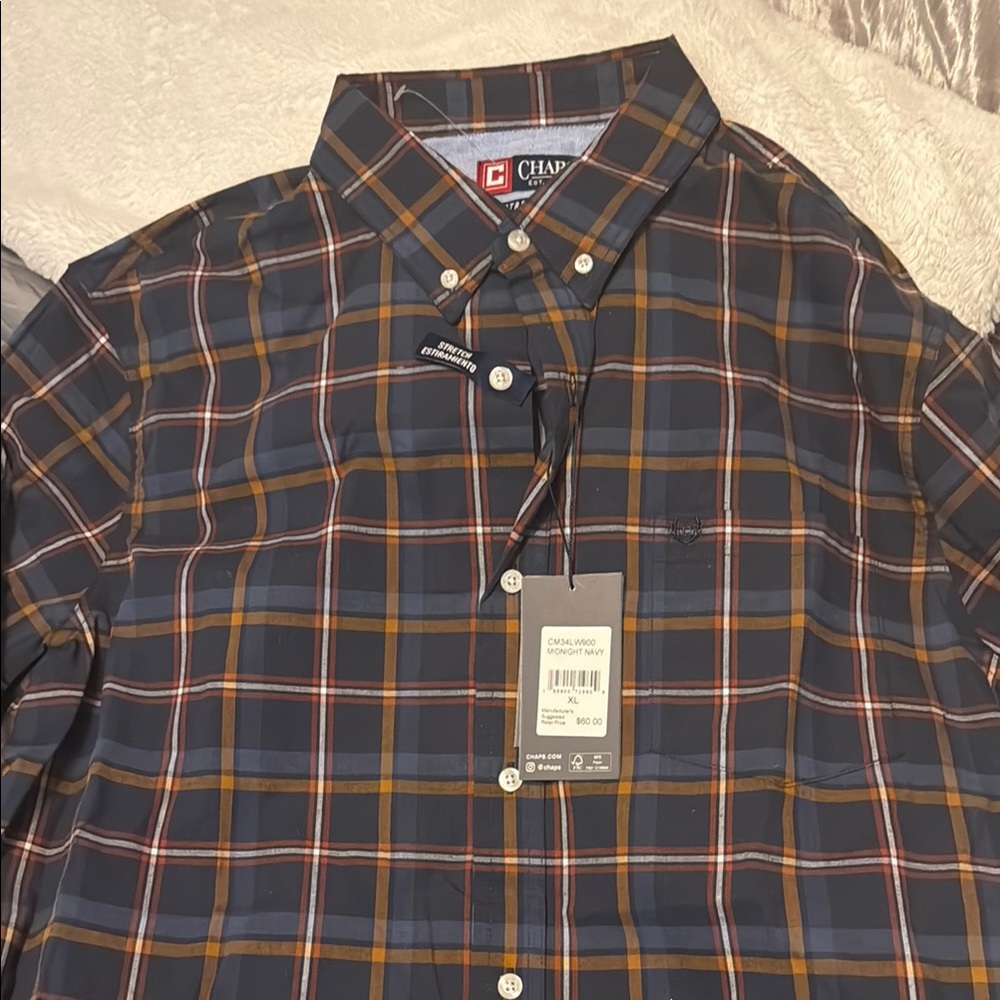 Chaps Men's Navy and Orange Plaid Shirt
